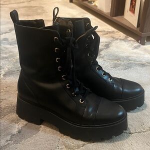 Michael Kors Black Leather  Combat Boots with Gold Accents